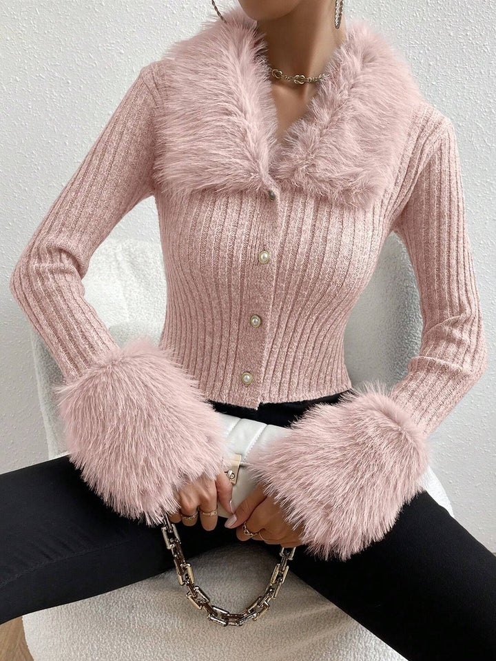 Trendy knitted sweater for women with a fluffy collar and chic and stylish sleeve finishes