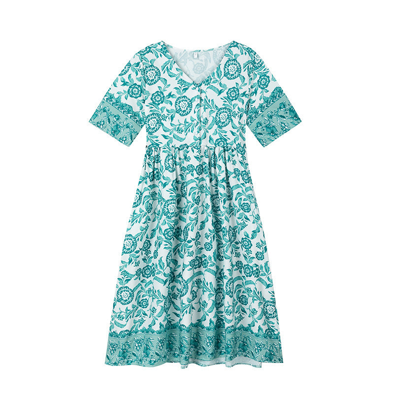 Flared dress with floral patterns for women with pleated waist Lune London