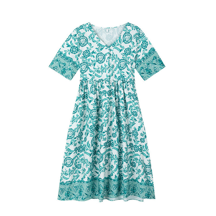 Flared dress with floral patterns for women with pleated waist Lune London