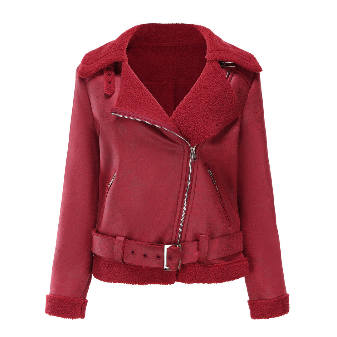 Sheepskin jacket for women with asymmetric zipper and belted waist Lune London
