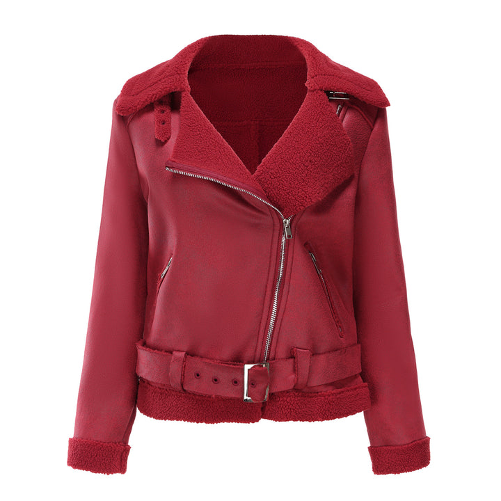 Sheepskin jacket for women with asymmetric zipper and belted waist Lune London