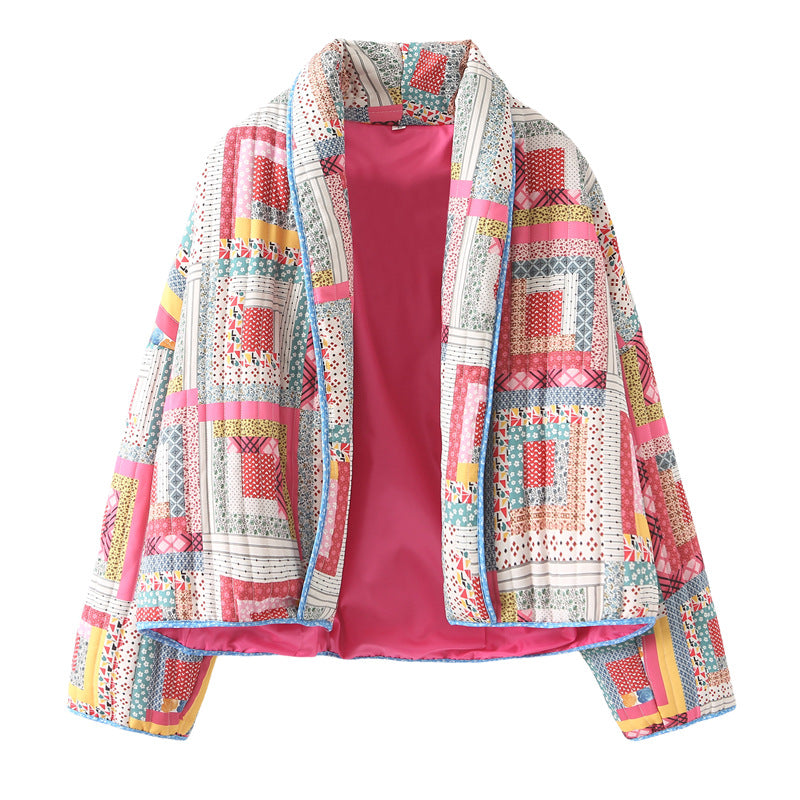Quilted patchwork jacket for women with a colorful design and practical pockets Lune London