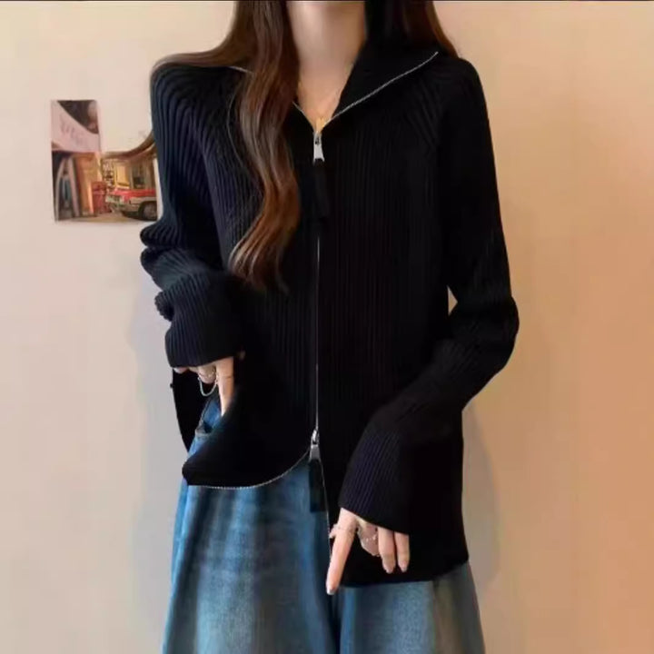 Knitted jacket for women with high collar and zipper Lune London