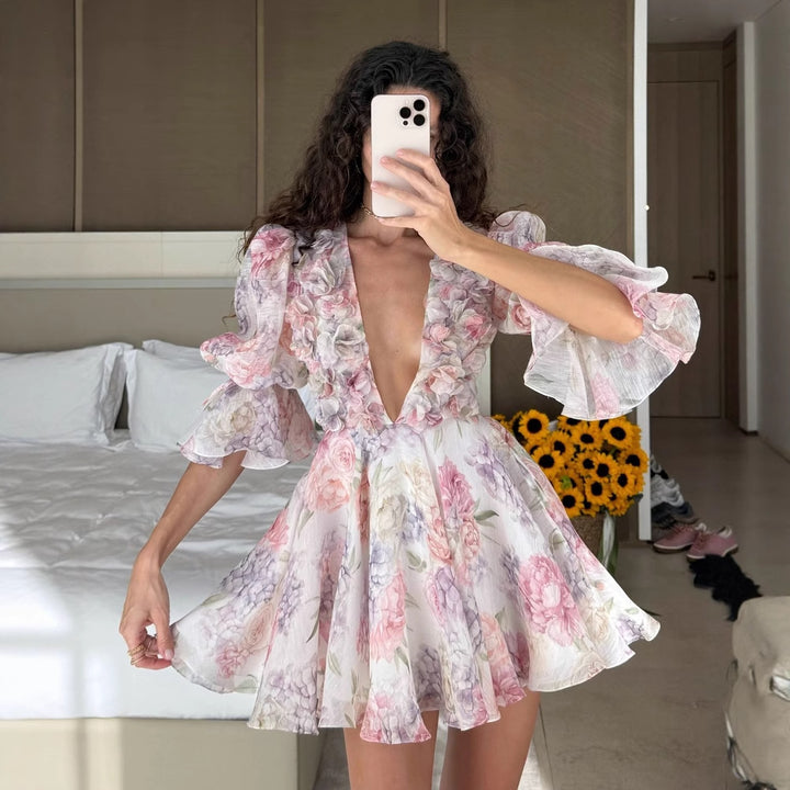 Playful summer dress for women with a chic floral 3D application design