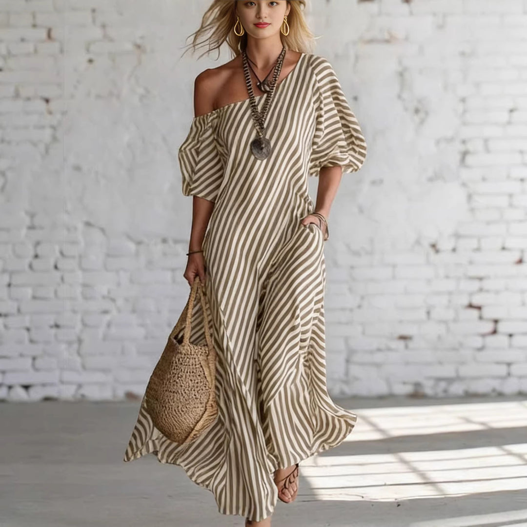 Women's maxi dress with asymmetric cut and striking stripes Lune London