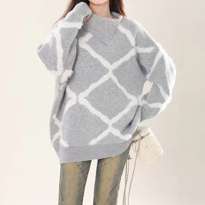 Ladies Large knitted sweater with geometric pattern and high collar Lune London