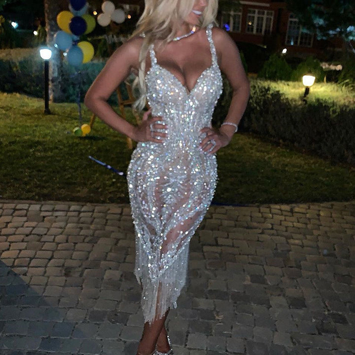 Ladies Glamorous Evening Dress with Sparkling Sequins and Fringes Lune London