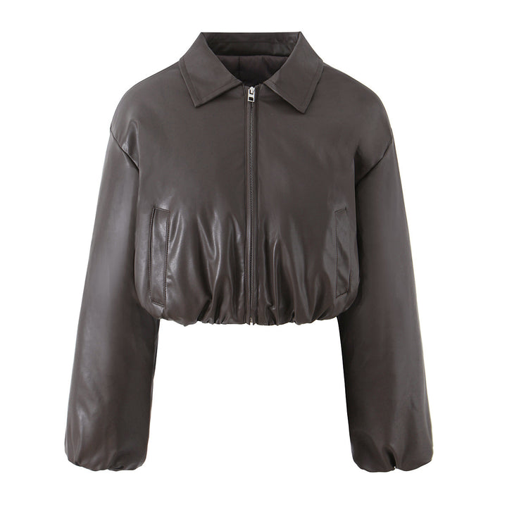 Cropped faux leather jacket for women with elastic waist and classic high collar Lune London