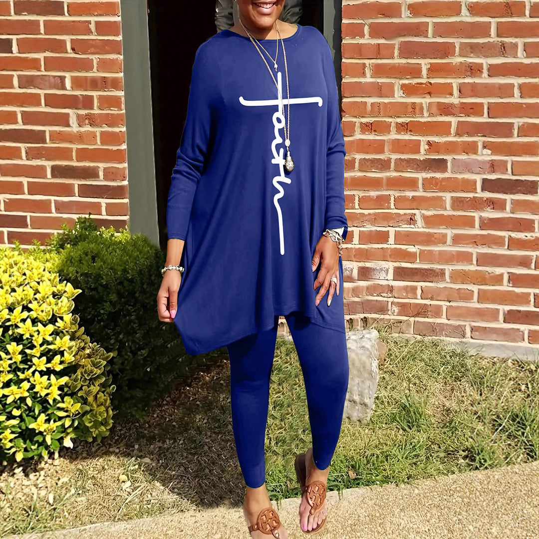 Ensemble de leggings et tunique pour femmes avec découpe asymétrique et impressions motivantes Chic & Stil