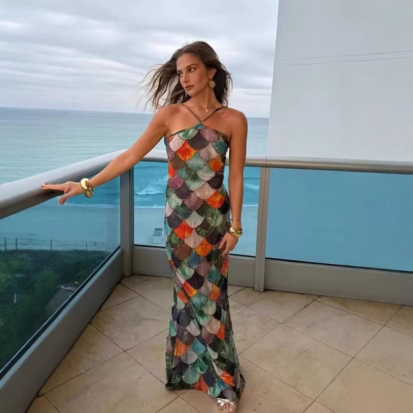 Maxi dress for women in fluid chiffon with marine scale pattern Lune London