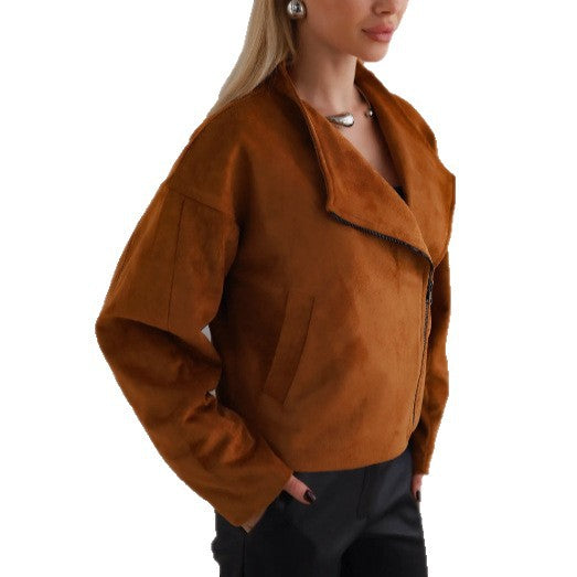 Trendy Brand Leather Jacket for Women with Open Collar and Practical Side Pockets Lune London