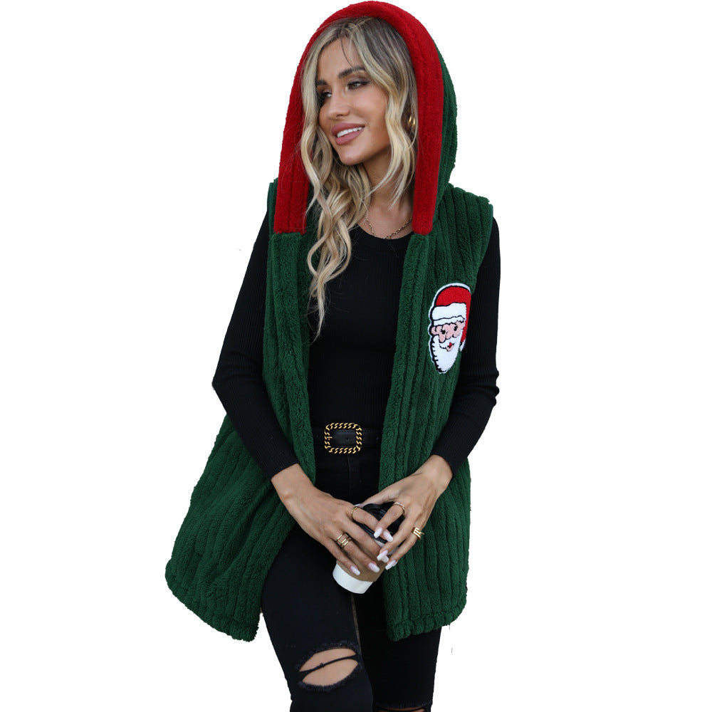 Ladies Cozy Fleece Hooded Vest with Chic Festive Embroidery and Style