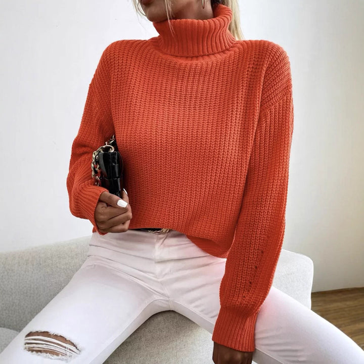 Ladies Comfortable Chunky Sweater with Turtleneck and Textured Knit Chic and Style