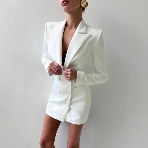 Women's blazer dress with double button design and deep V-neck Lune London