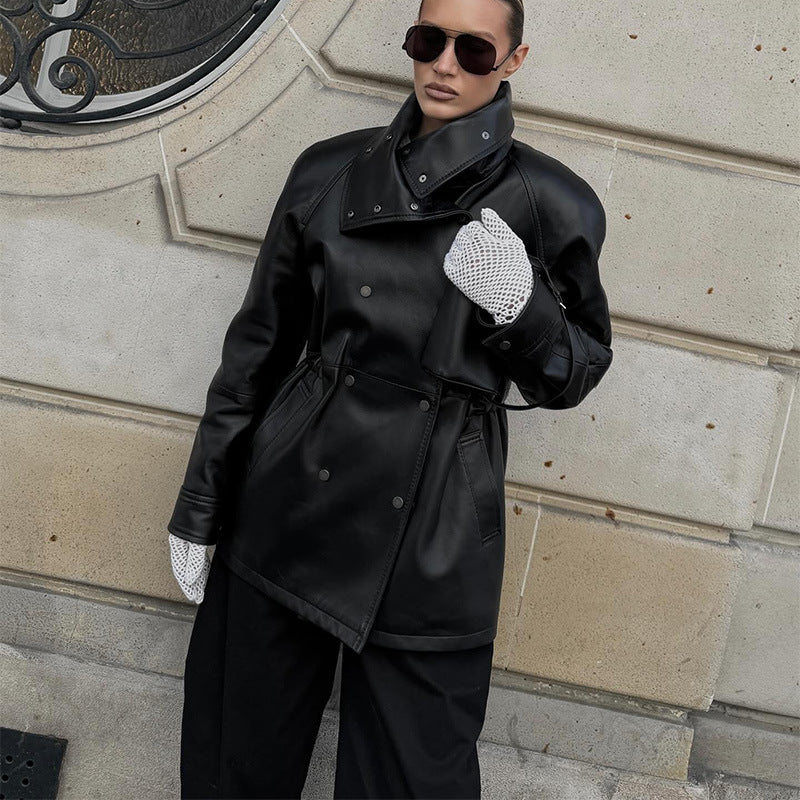 Faux leather jacket for women with high collar and practical pockets Lune London