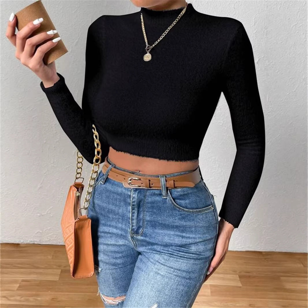 Femmes haut de gamme, courte top en tricot doux avec design col haut Chic & Stil