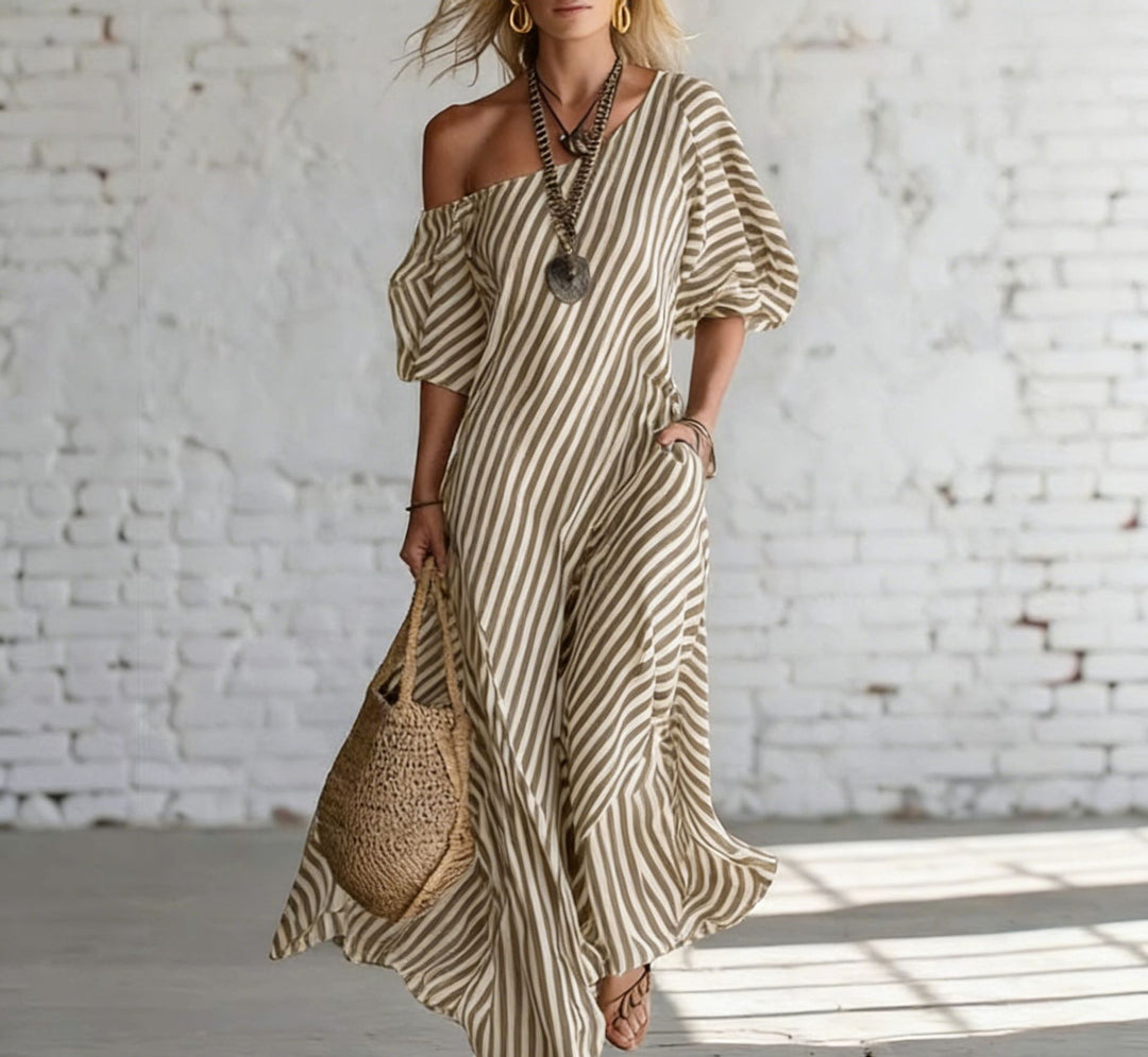 Women's maxi dress with asymmetric cut and striking stripes Lune London