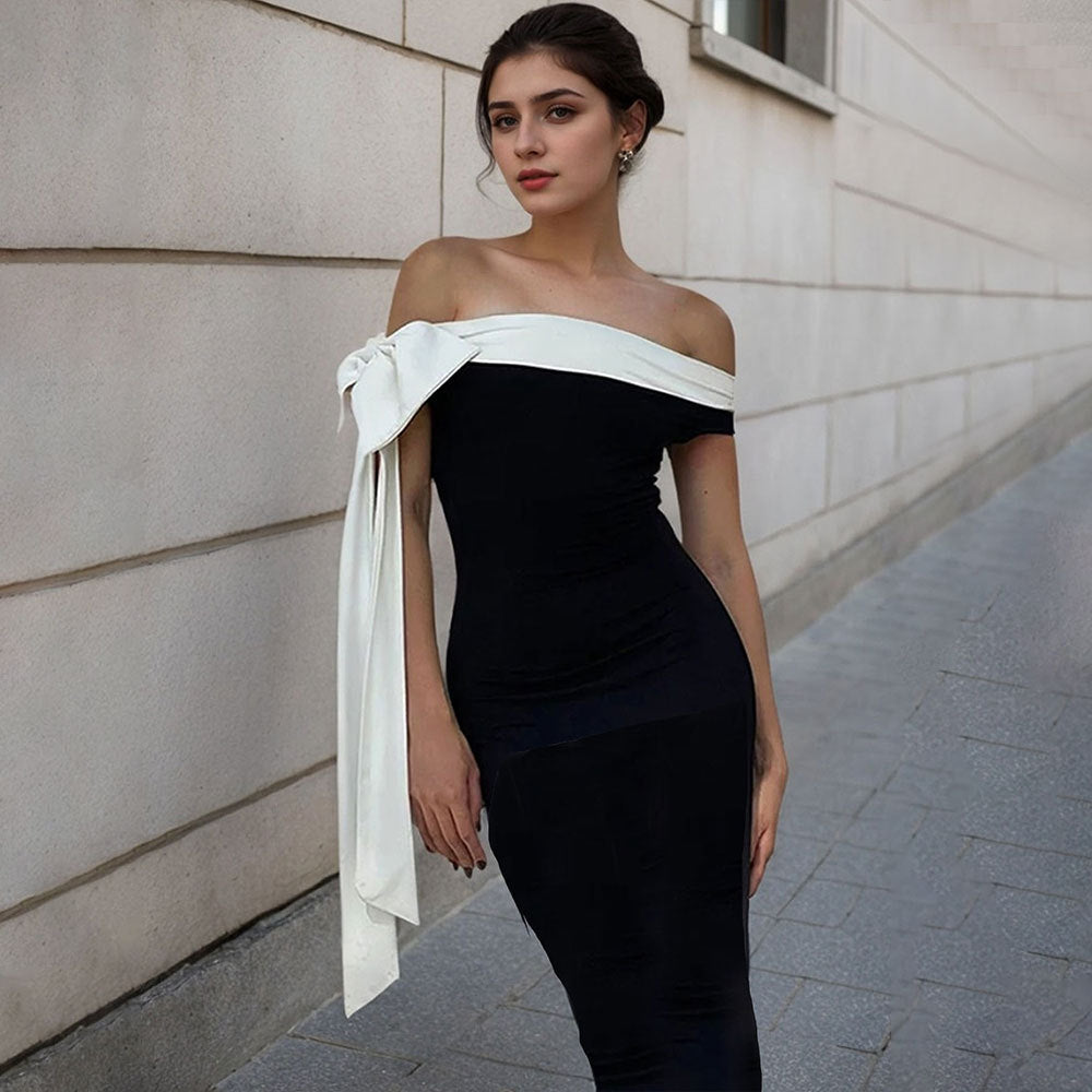 Robe Maxi Femme avec un design chic à épaules nues et un accent élégant en nœud Chic & Stil
