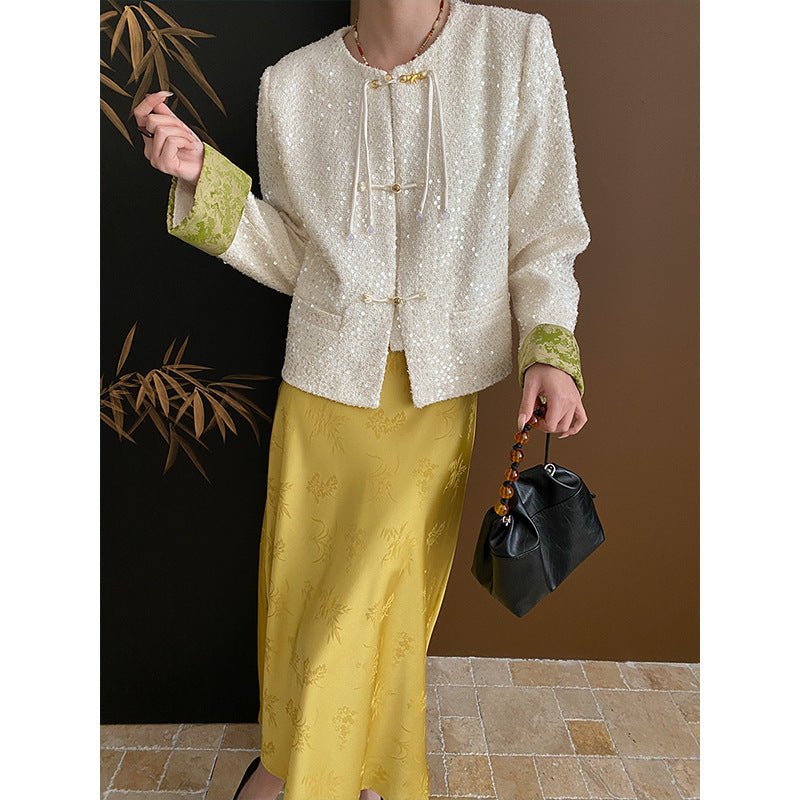 Women's Elegant Boucle Jacket with Sequins and Contrasting Sleeves Chic & Stil