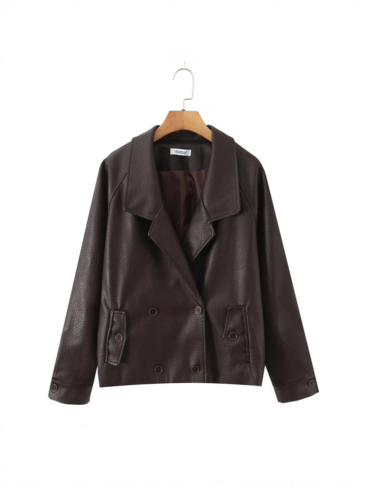 Faux leather jacket for women with double row of buttons and large lapels Lune London