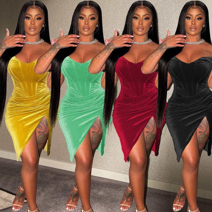 Elegant velvet bodycon dress for women with high slit Lune London