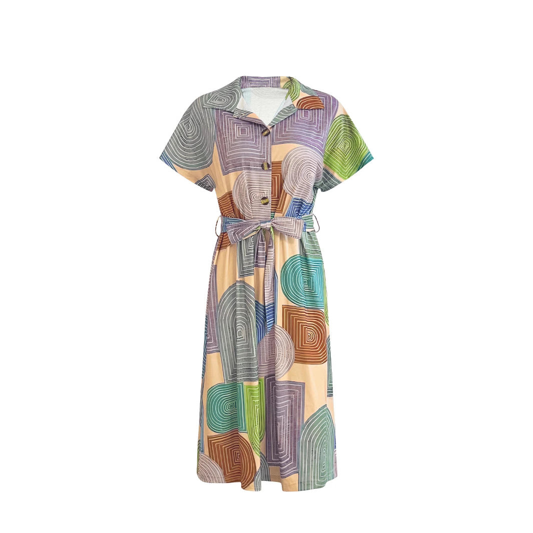Sleeveless dress for women with geometric pattern and tie belt Lune London