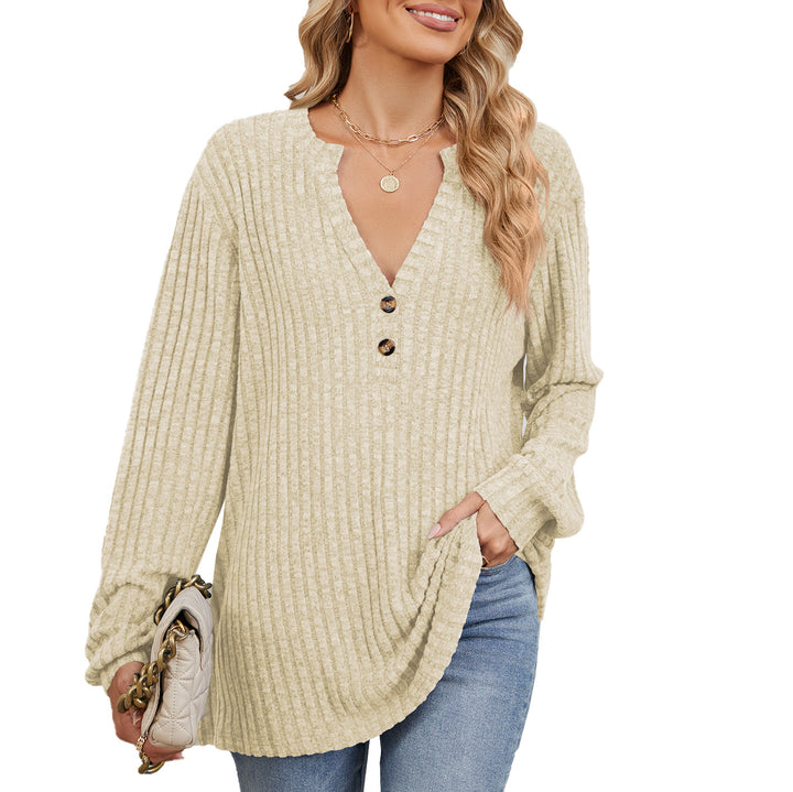 Long sleeve blouse for women with textured V-neck and button details Lune London