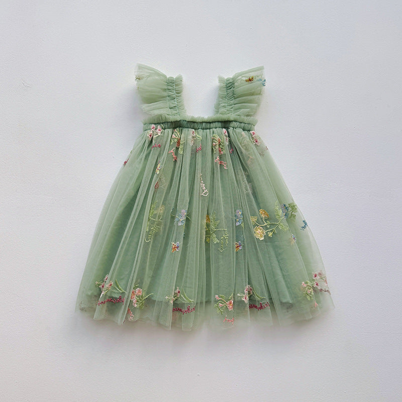 Girls Embroidered Tulle Party Dress with Ruffle Straps Lune London