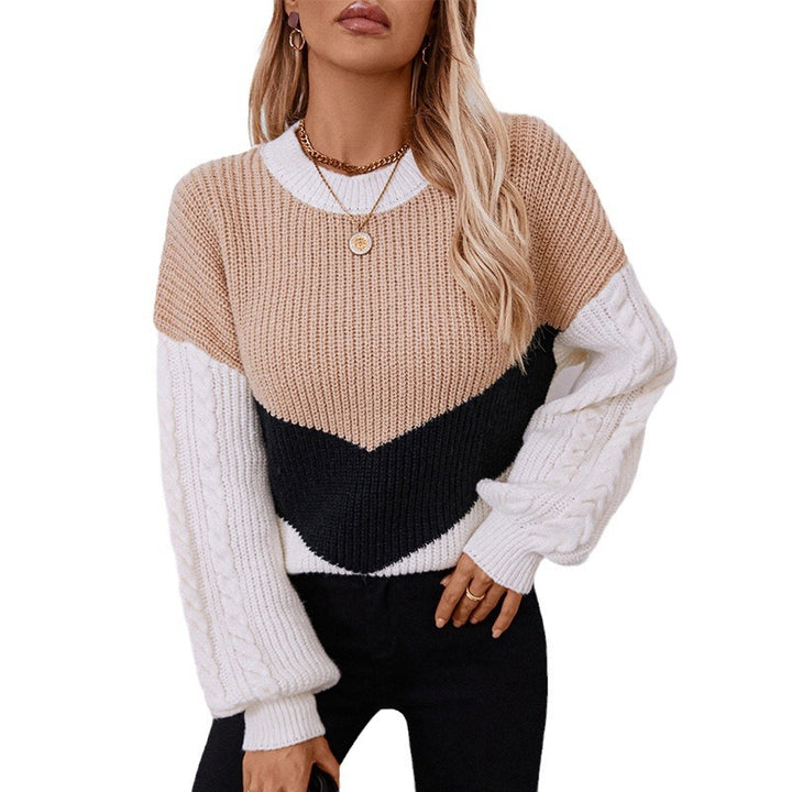 Trendy knitted sweater for women with refined twisted pattern sleeves and contrasting colors Lune London