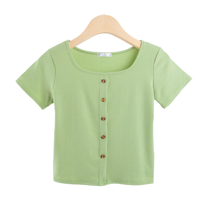Women's short-sleeve shirt with decorative button placket and modern ribbed knit Lune London
