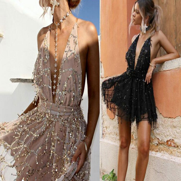 Women's Glittering Cocktail Dress with Deep V-Neck and Swinging Skirt Lune London