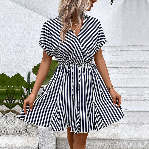 Striped wrap dress for women with adjustable cinch at the waist Lune London