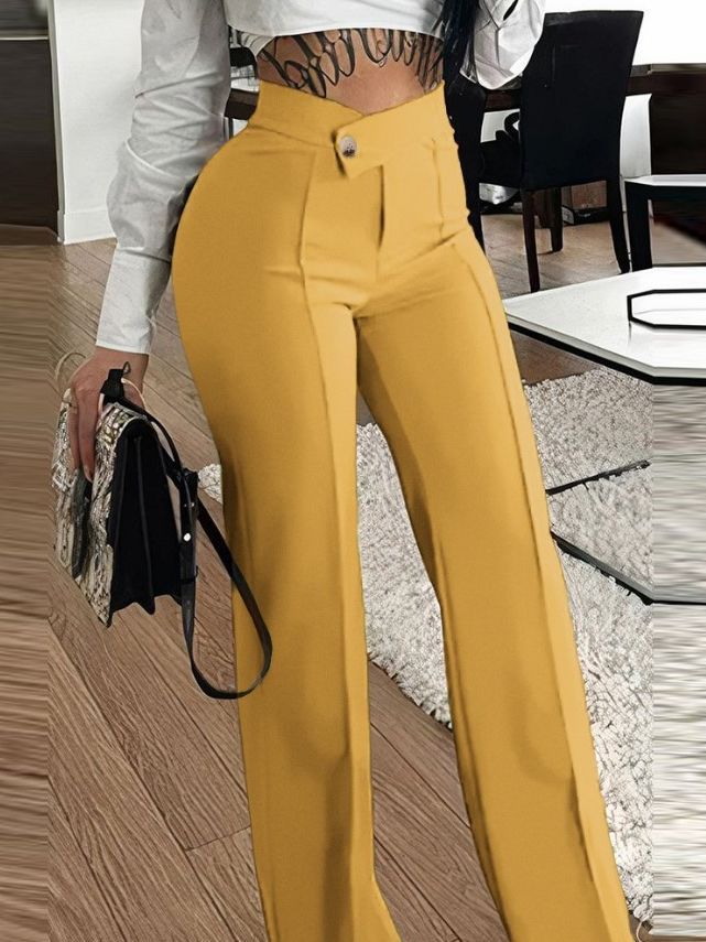 Ladies Elegant High Waist Pants with Decorative Button Details Lune London