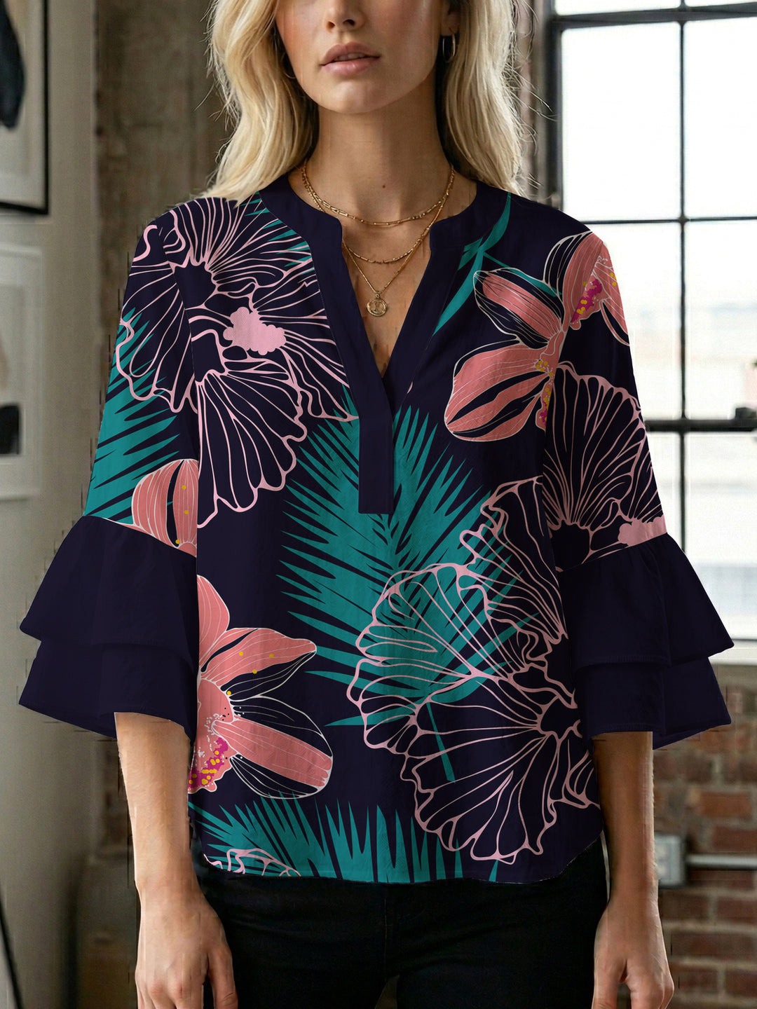 Ladies blouse with voluminous ruffled sleeves and floral print Lune London