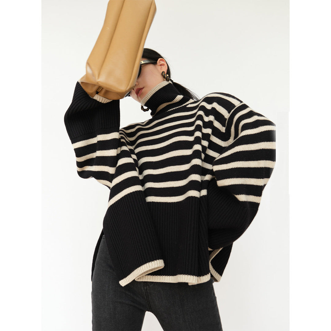 Casual knit sweater for women with colorful stripes and a high collar Lune London