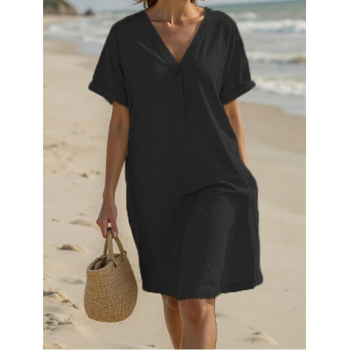 Ladies lightweight summer dress with rolled-up sleeves and a practical button placket Lune London