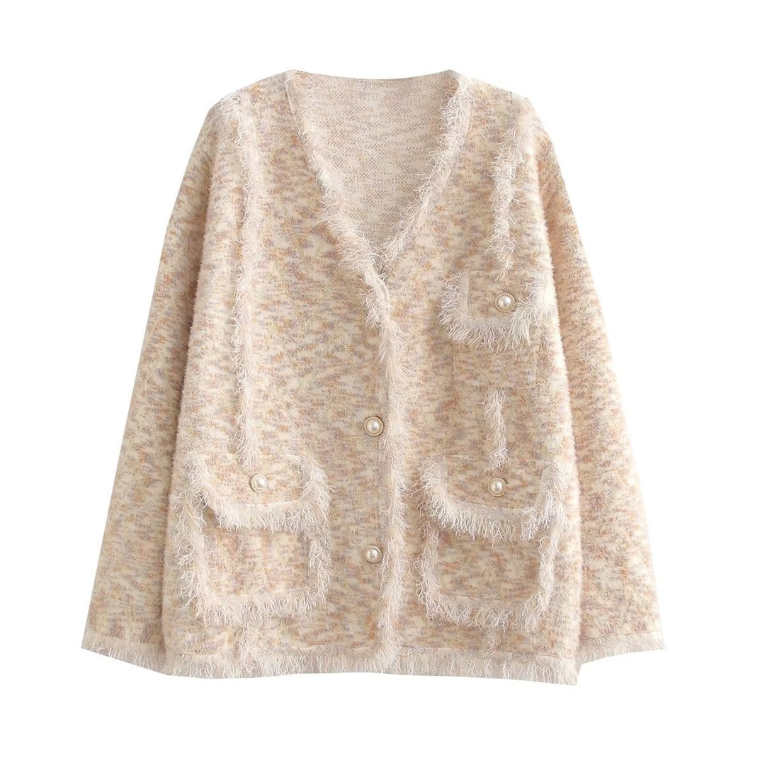 Women's fashion chunky knit cardigan with decorative V-neck and practical pockets Lune London