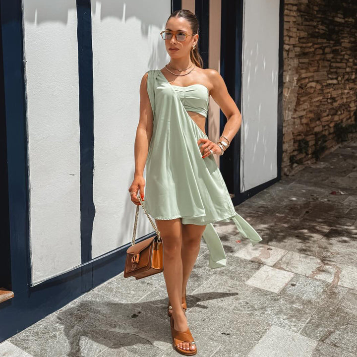 Women's Summer Cut-Out Dress with Asymmetrical Hem and Elegant One-Shoulder Design