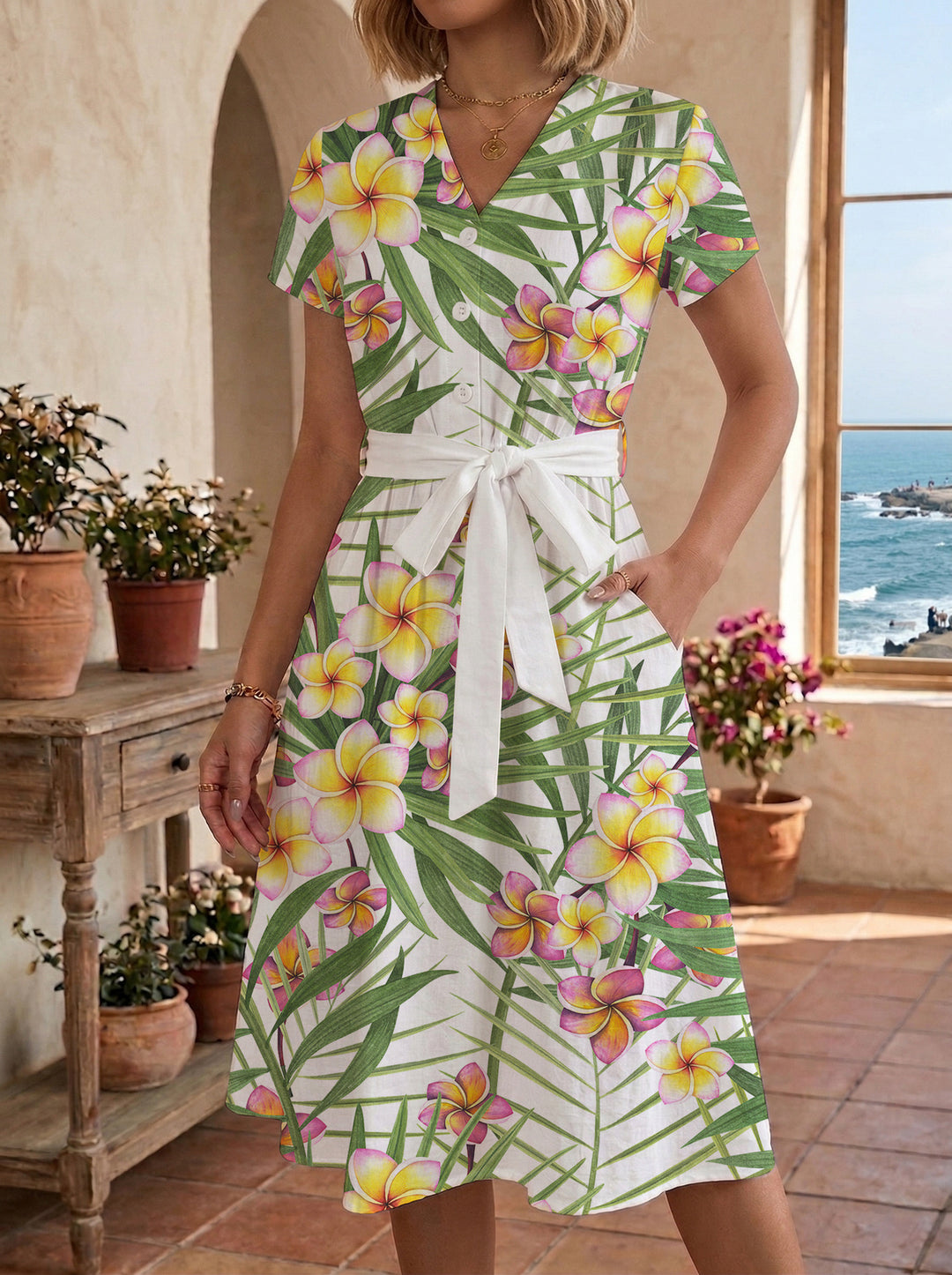 Women’s midi dress with colorful floral design and adjustable tie belt Lune London
