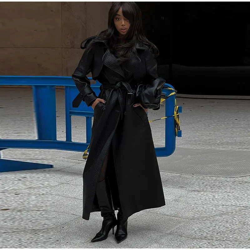 Veste trench en simili cuir pour femmes avec col montant Chic & Stil