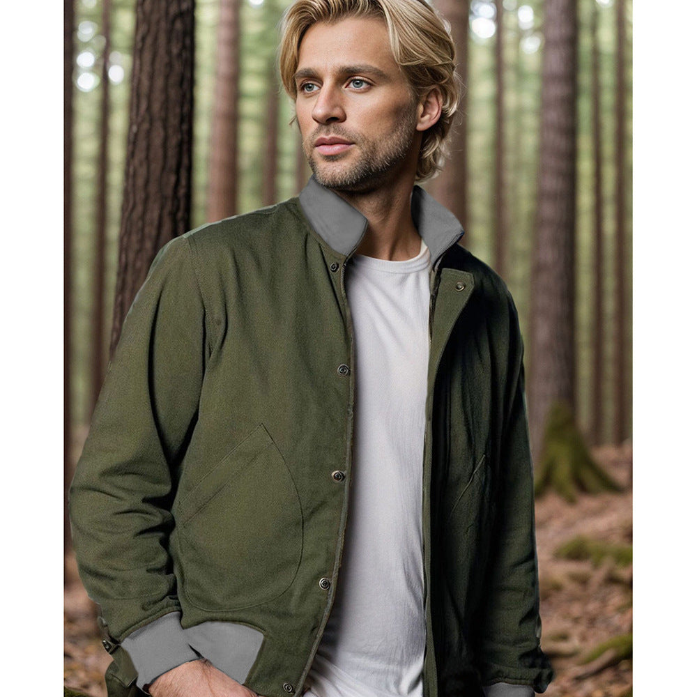 Transition jacket for men with high collar and practical pockets Lune London
