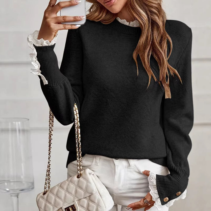 Pull fin pour femmes avec des manches en dentelle décoratives et des détails de bouton élégants Chic & Stil