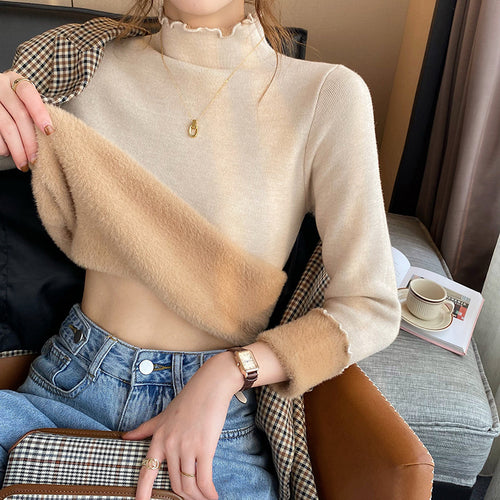 Femmes Pull Court Col Roulé avec Différents Mélanges de Matériaux Chic & Stil