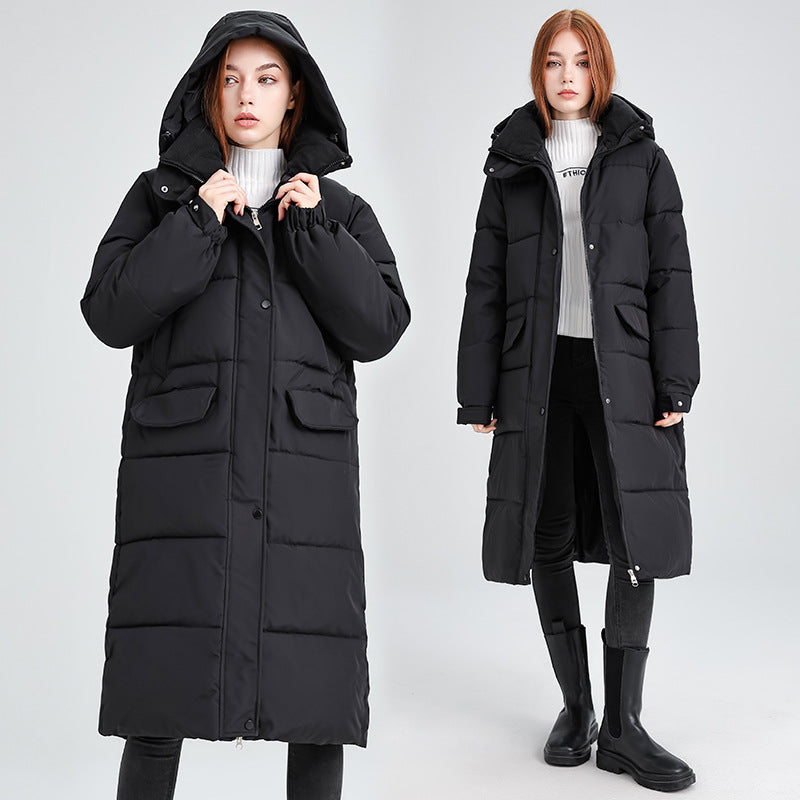 Ladies long insulated winter jacket with hood and zip-up collar Lune London