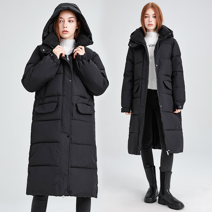 Ladies long insulated winter jacket with hood and zip-up collar Lune London