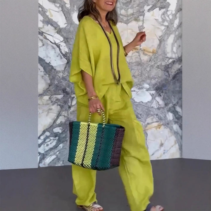 Women Casual Linen Outfit with Wide Legs and V-Neck Lune London