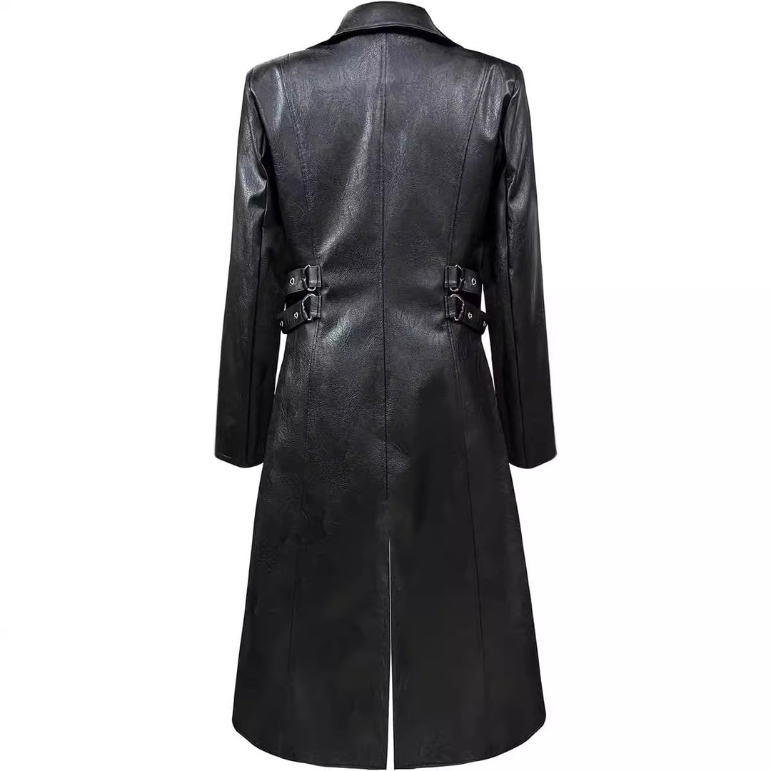 Ladies long leather coat with fashionable buckles from Lune London