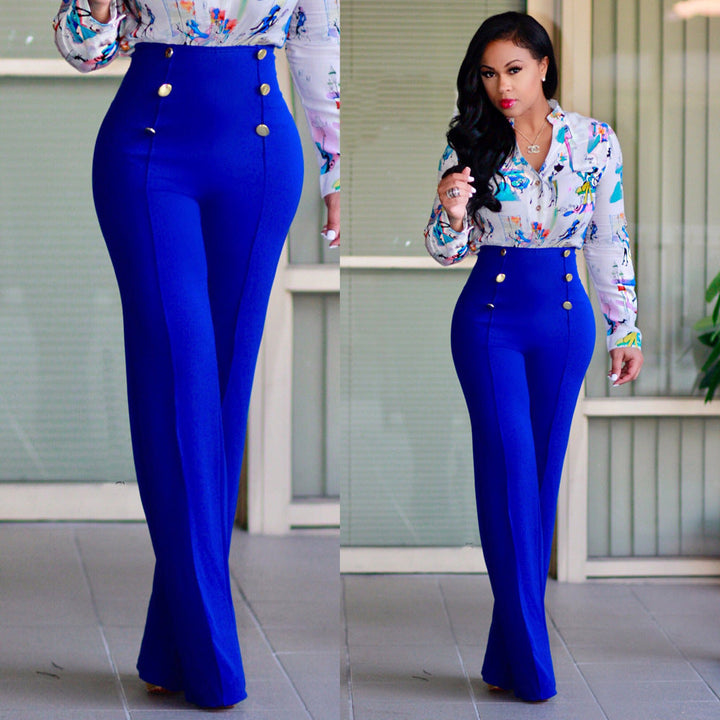 Women High-Waisted Palazzo Pants with Decorative Button Details Lune London