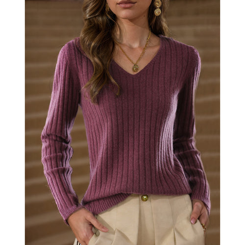 Knit sweater for women with V-neck and fine rib design Lune London