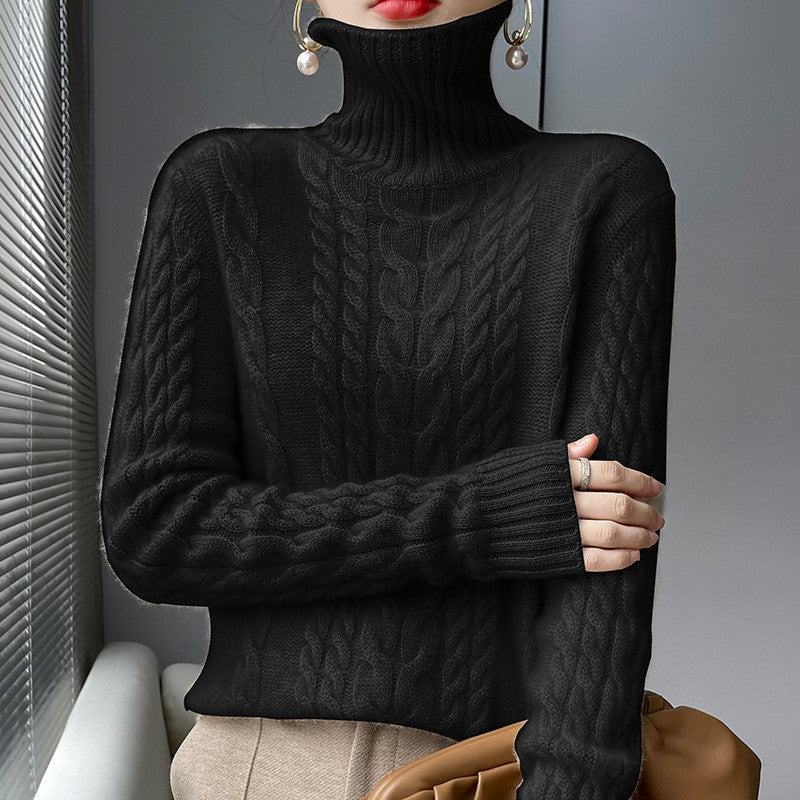 Chunky knit sweater for women with high collar and structured cable pattern Lune London